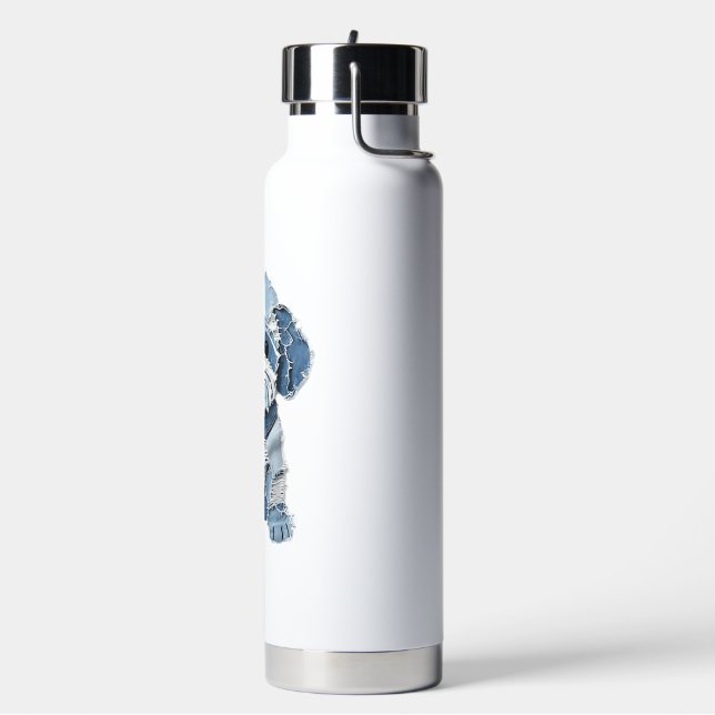 Cute Denim Patchwork Dog Illustration Water Bottle (Left)