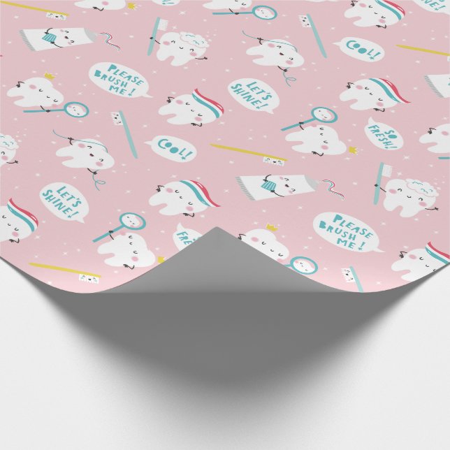 Cute Dental pattern Pink Brush your Teeth Wrapping Paper (Corner)
