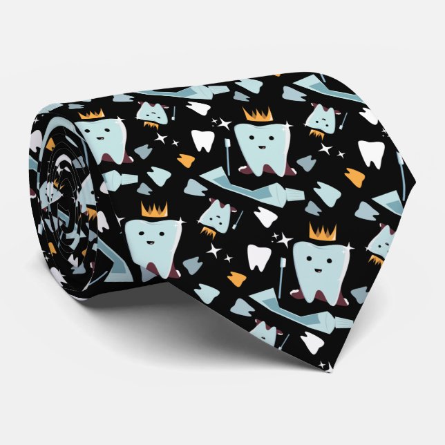 Cute Dentist Dental Hygienist Tooth Pattern Black Tie (Rolled)