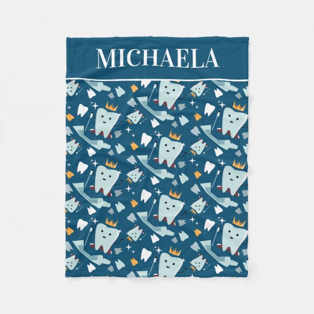 Cute Dentist Dental Hygienist Tooth Pattern Name Fleece Blanket (Front)
