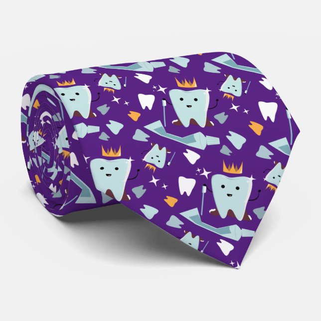 Cute Dentist Dental Hygienist Tooth Pattern Purple Tie (Rolled)