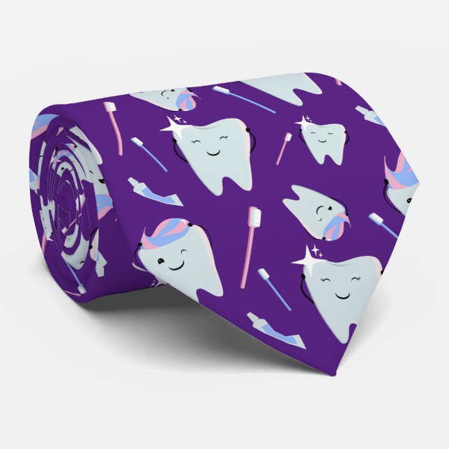 Cute Dentist Dental Hygienist Tooth Pattern Purple Tie (Rolled)