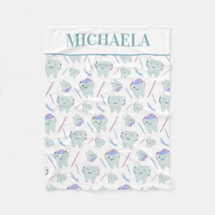 Cute Dentist Dental Hygienist Tooth Pattern White Fleece Blanket