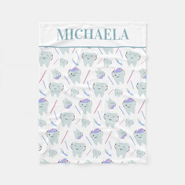 Cute Dentist Dental Hygienist Tooth Pattern White Fleece Blanket (Front)