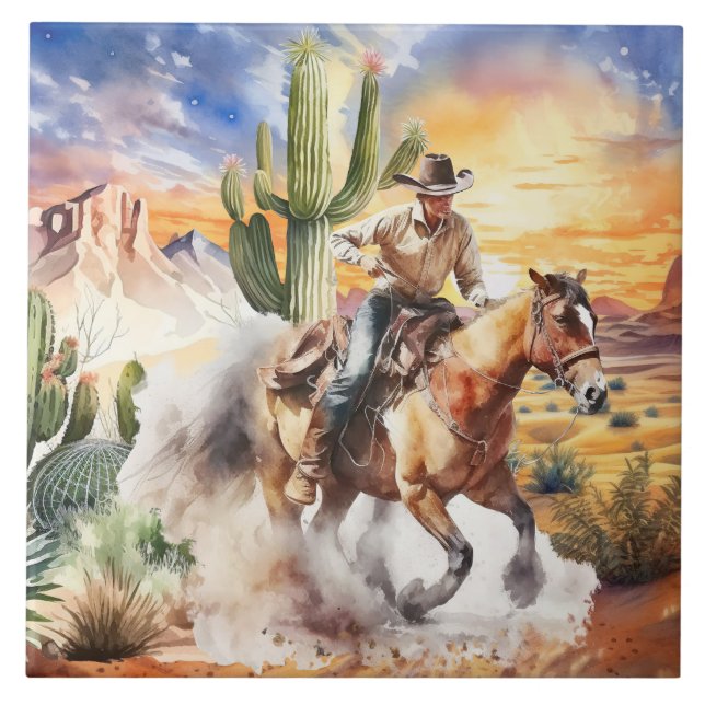 cute desert cactus horse riding cowboy tile (Front)