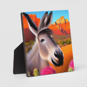 Cute Desert Donkey with flowering cactus Plaque