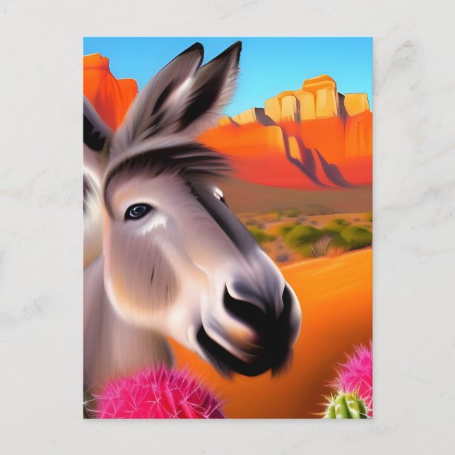  Cute Desert Donkey with flowering cactus   Postcard (Front)