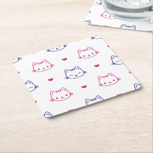 Cute Design Cat Face with Hearts Pattern Drawing  Square Paper Coaster