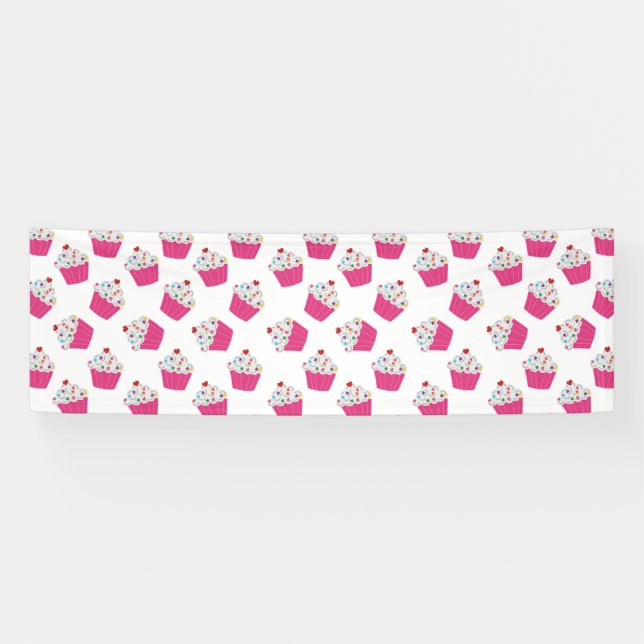 Cute Dessert Bright Pink Cupcake Pattern Banner (Horizontal)