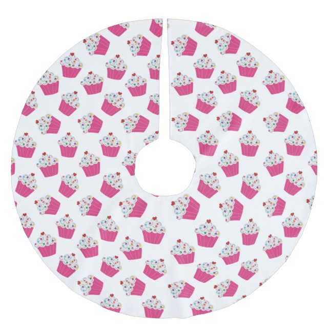 Cute Dessert Bright Pink Cupcake Pattern Brushed Polyester Tree Skirt (Front)