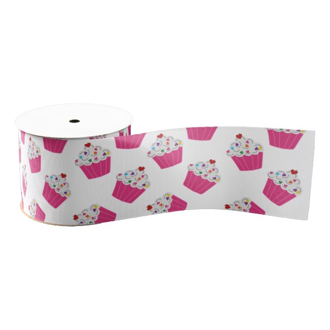 Cute Dessert Bright Pink Cupcake Pattern Grosgrain Ribbon (Spool)