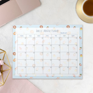 Cute Desserts Pattern Blue Monthly Planner Name Notepad
