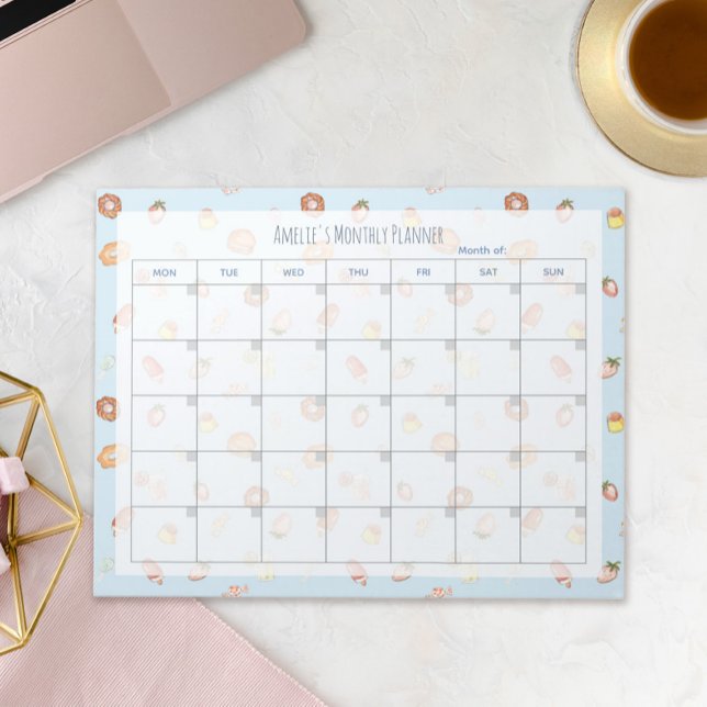 Cute Desserts Pattern Blue Monthly Planner Name Notepad (Creator Uploaded)