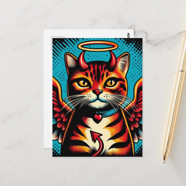 Cute Devil Angel Kitty with Wings Comic Book Style Postcard (Front/Back In Situ)