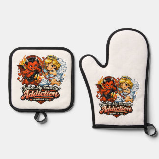 Cute Devil & Angel Valentine Day Love Design Oven Mitt & Pot Holder Set