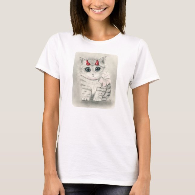 Cute Devil Kitten, Little Red Horns Cat Art Tshirt (Front)