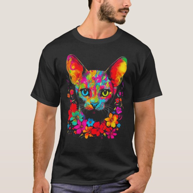 Cute Devon Rex Cat Flowers T-Shirt (Front)