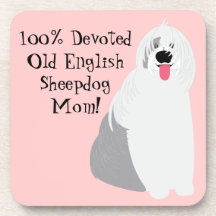 Cute Devoted Old English Sheepdog Mum on Pink