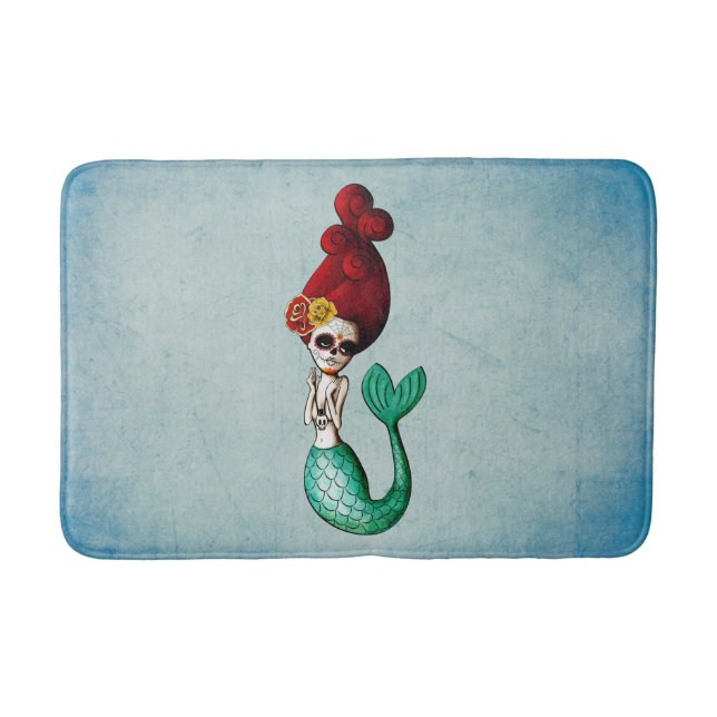 Cute Dia de Los Muertos Red Hair Mermaid Bath Mat (Front)