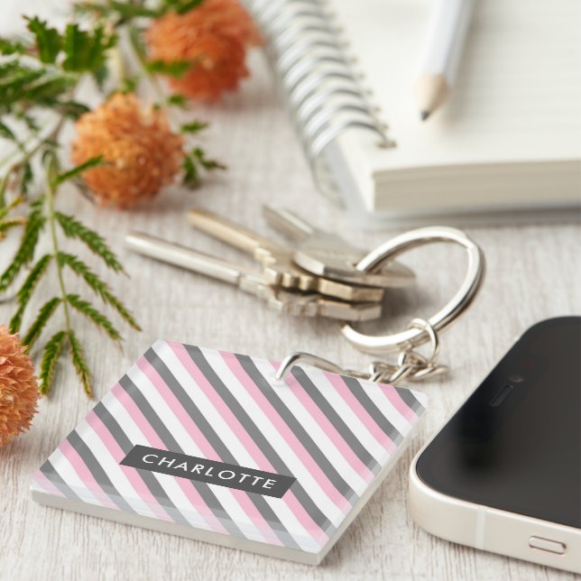 Cute diagonal stripes pattern custom name key ring (Front Right)