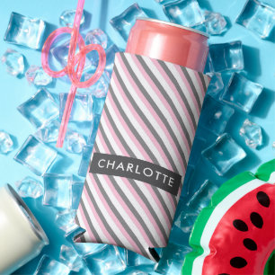 Cute diagonal stripes pattern custom name seltzer can cooler