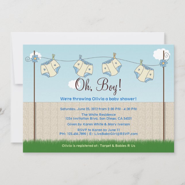 Cute Diaper Clothesline Baby Boy Baby Shower Invitation (Front)
