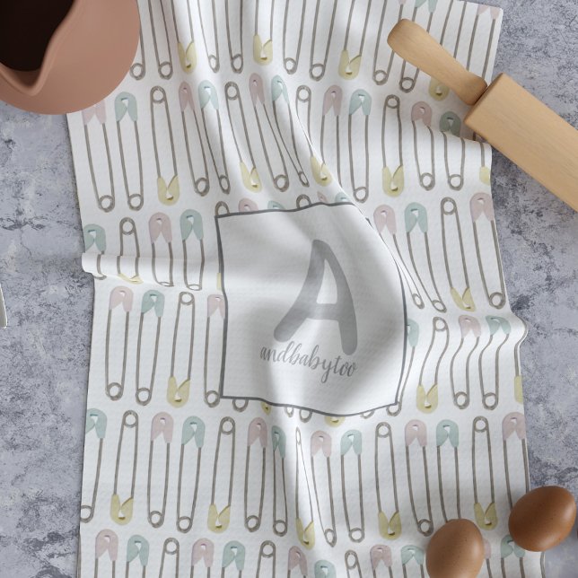 Cute Diaper Pin Pattern Monogrammed Kitchen Towel (Perfect for your gender neutral Nursery - you can never have enough towels.)