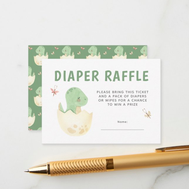 Cute Diaper Raffle Dinosaur Watercolor Baby Shower Enclosure Card (Front/Back In Situ)