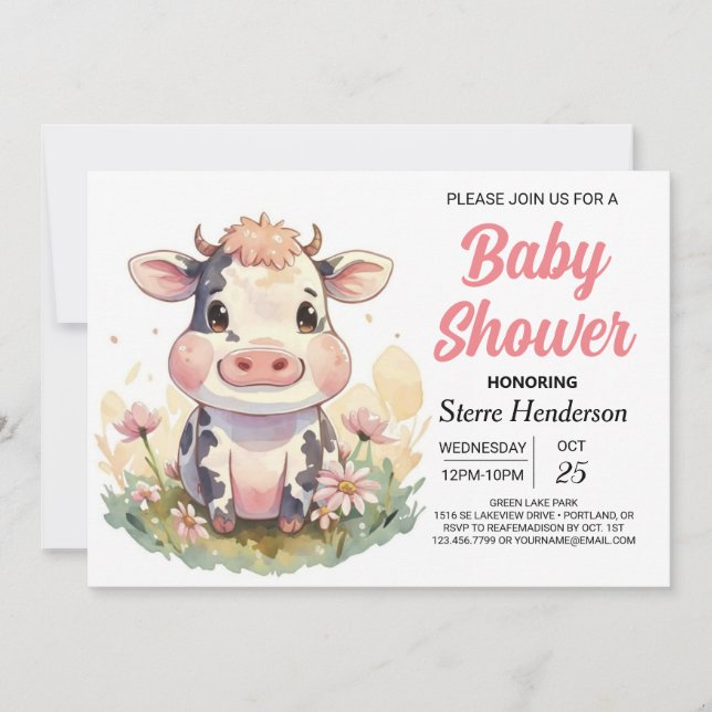 Cute Digital Farmyard Editable Cow Baby Shower Invitation (Front)