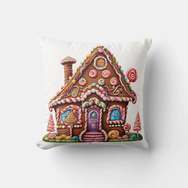 Cute Digital Painting of a Gingerbread House Cushion (Front)