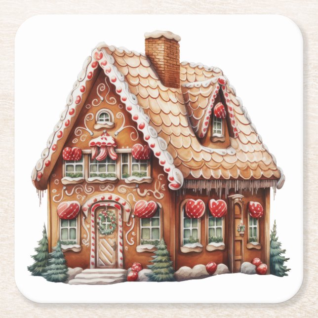 Cute Digital Painting of a Gingerbread House Square Paper Coaster (Front)