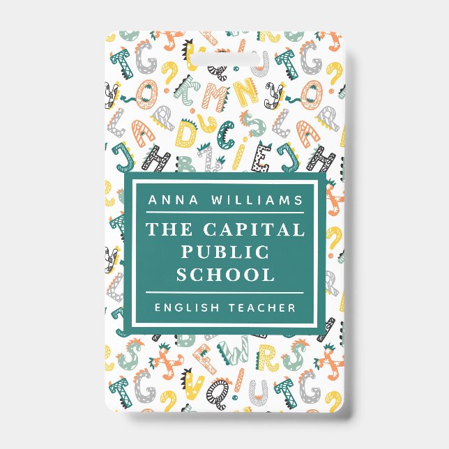 Cute Dino Alphabet Elementary School Teacher Name ID Badge (Front)