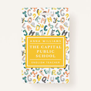 Cute Dino Alphabet Elementary School Teacher Name ID Badge