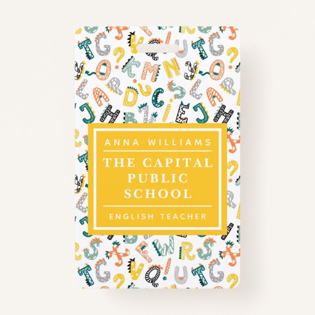 Cute Dino Alphabet Elementary School Teacher Name ID Badge (Front)