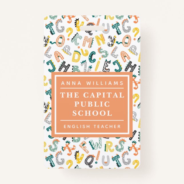 Cute Dino Alphabet Elementary School Teacher Name ID Badge (Front)