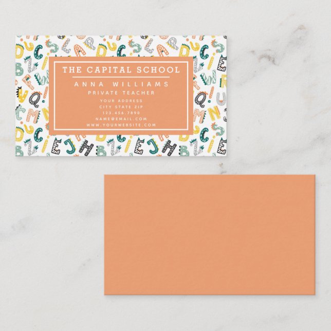 Cute Dino Alphabet - Teacher | Private Tutor Business Card (Front/Back)