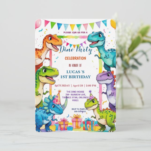 Cute DIno Baby Dinosaurs 1st Birthday party Save T Save The Date (Standing Front)