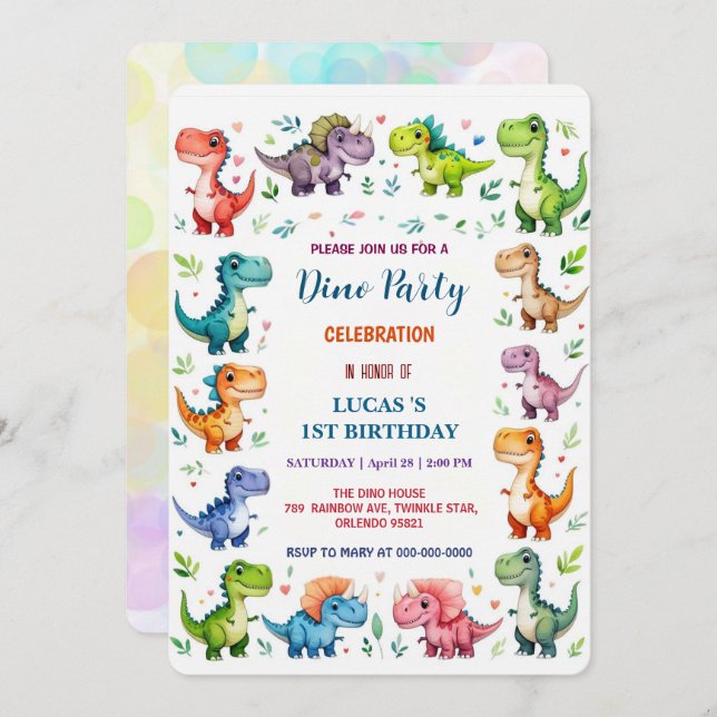 Cute DIno Baby Dinosaurs 1st Birthday party Save T Save The Date (Front/Back)