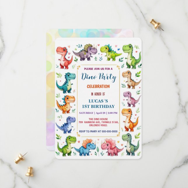 Cute DIno Baby Dinosaurs 1st Birthday party Save T The Date (Front/Back In Situ)