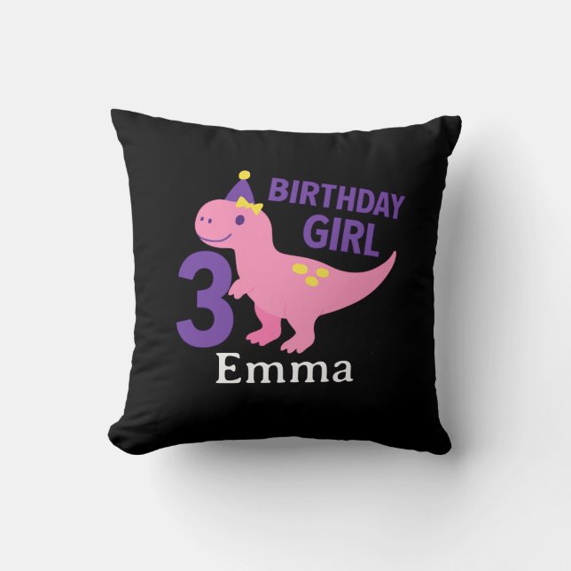 Cute Dino Birthday Girl - 3rd Year Celebration Cushion (Front)