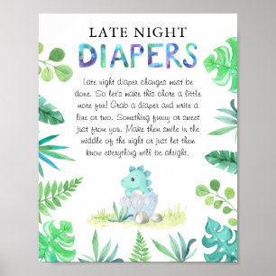 Cute Dino Boy Baby Shower 'Late Night Diaper' Poster