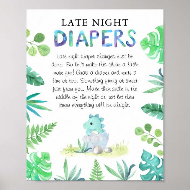 Cute Dino Boy Baby Shower 'Late Night Diaper' Poster (Front)