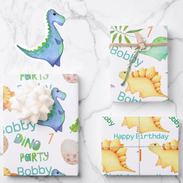 Cute Dino Boys Dinosaur Personalise 1st Birthday Wrapping Paper Sheet (Creator Uploaded)