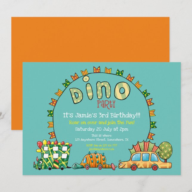 Cute Dino Cars Dinosaur Green Yellow Boys Birthday Invitation (Front/Back)