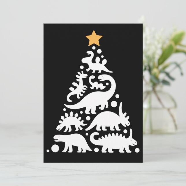 Cute Dino Christmas Tree Funny Dinosaur Holiday Invitation (Standing Front)