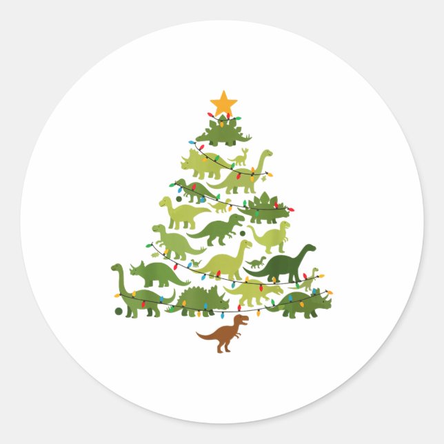 Cute Dino Christmas Tree Merry Dinomas Xmas Lights Classic Round Sticker (Front)