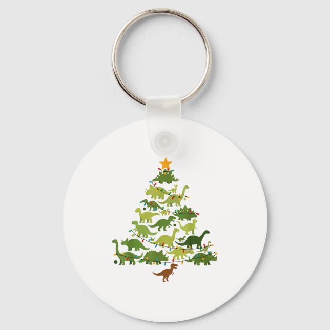 Cute Dino Christmas Tree Merry Dinomas Xmas Lights Key Ring (Front)