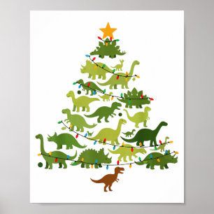Cute Dino Christmas Tree Merry Dinomas Xmas Lights Poster