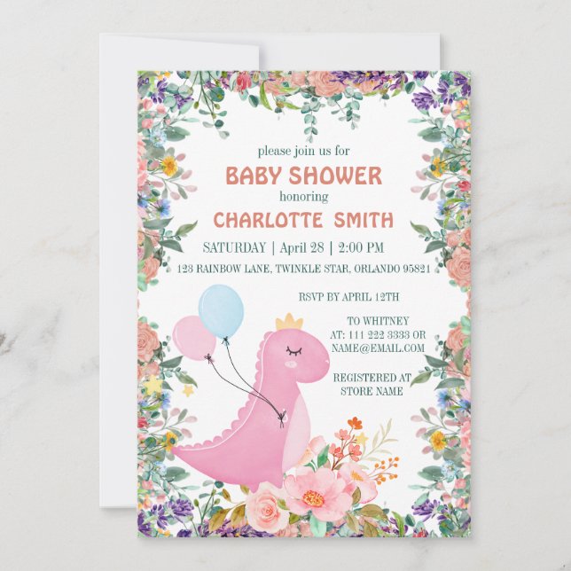 Cute dino crown balloon flora baby shower invitation (Front)