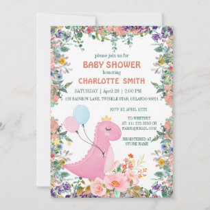 Cute dino crown balloon flora baby shower invitation
